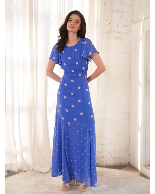 Rose & Nancy Blue Joanna And Polka Dot Print Frill Sleeve Maxi Dress