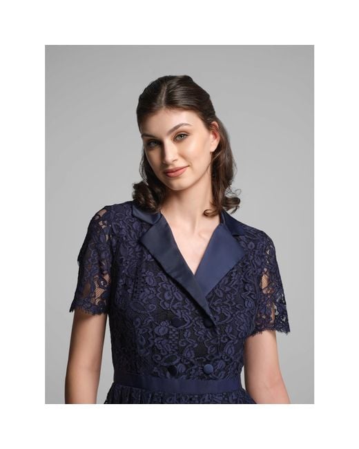 Rumour London Blue Bella Double-Breasted Lace Midi Dress