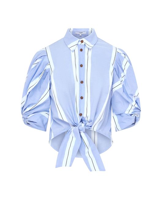 Loom London Ellery Knot Sleeve Tie Front Shirt White & Blue Stripe
