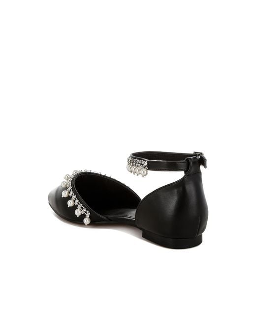 Rag & Co Black Aouva Rhinestone & Pearl Ankle Strap Flat Sandals