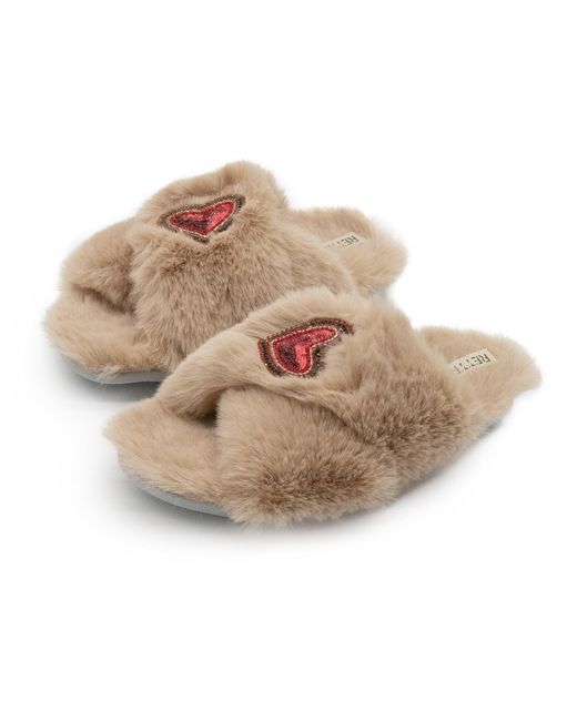 Rettrose Natural Neutrals Amour Mink Luxury Plush Diamanté Heart Embellished Handmade Slipper