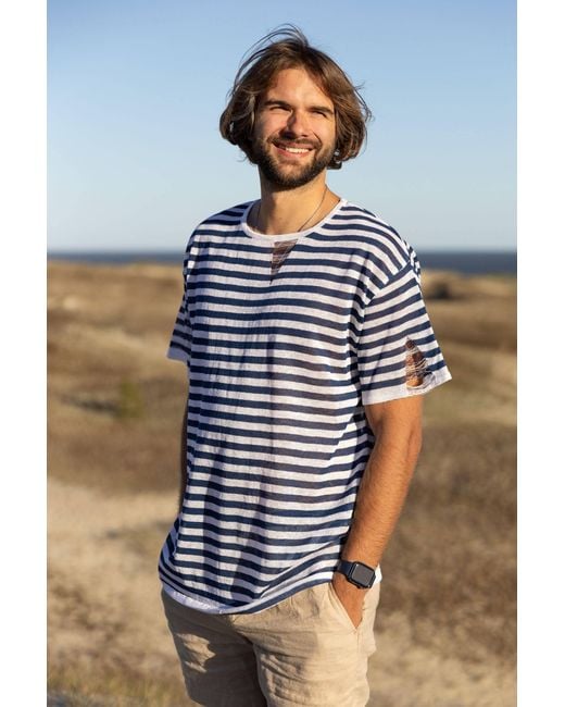 SALANIDA Blue Energia Ripped Linen T-Shirt