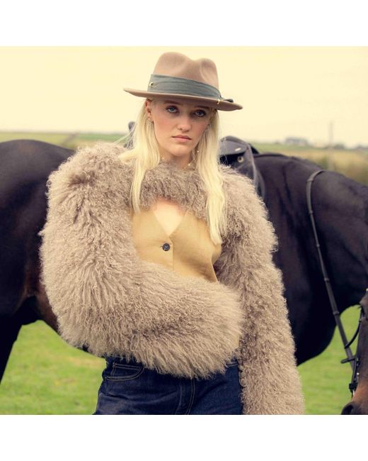 Shaded the Label Brown Neutrals Lamorna Khaki Mongolian Shearling Multiway Micro Jacket