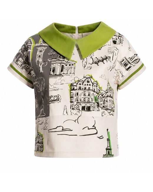 Larisa Dragna Green Blouse With Detachable Collar And Architectural Print