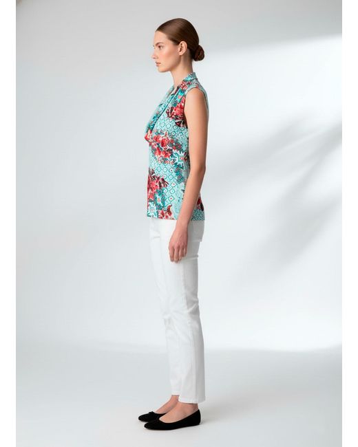 Conquista Red Chic Floral Sleeveless Top With Draped Neckline