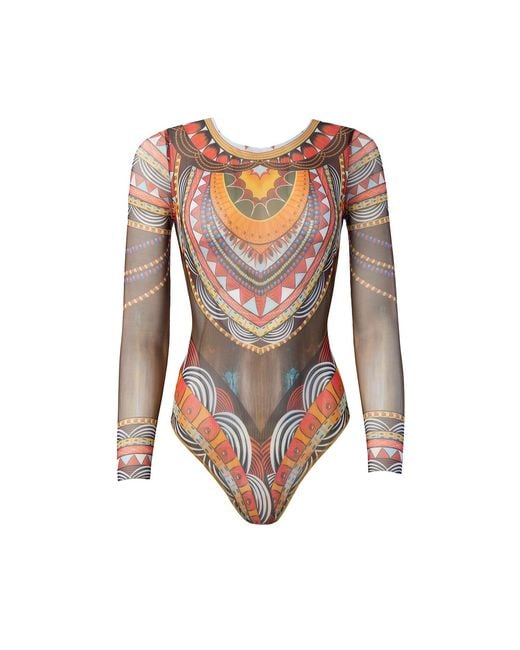 Rodasoleil Smart Swimwear Brown Tan-Through Mesh One-Piece Swimsuit With Sleeves Africa