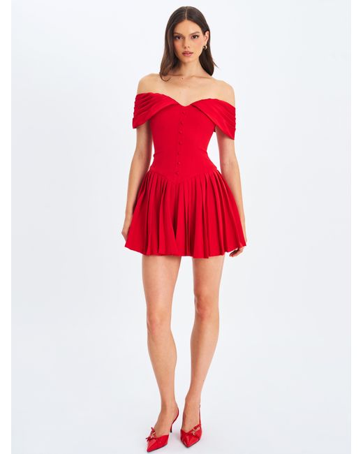 Miss Circle New York Red Narelle Crimson Off-Shoulder Sweetheart Drop Waist Mini Dress