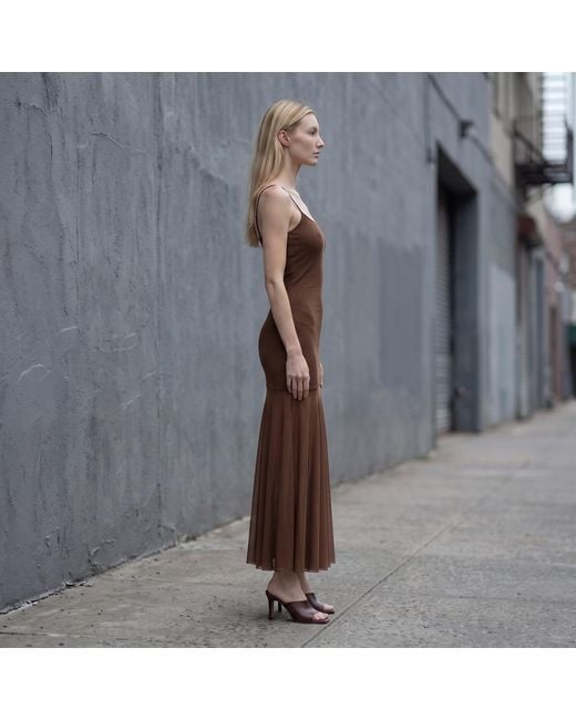 Modenaire Brown Sheer Mesh Maxi Dress With Spaghetti Straps