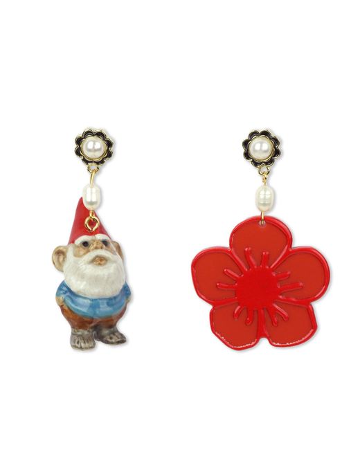Midnight Foxes Studio Red Garden Gnome & Flower Gold Earrings