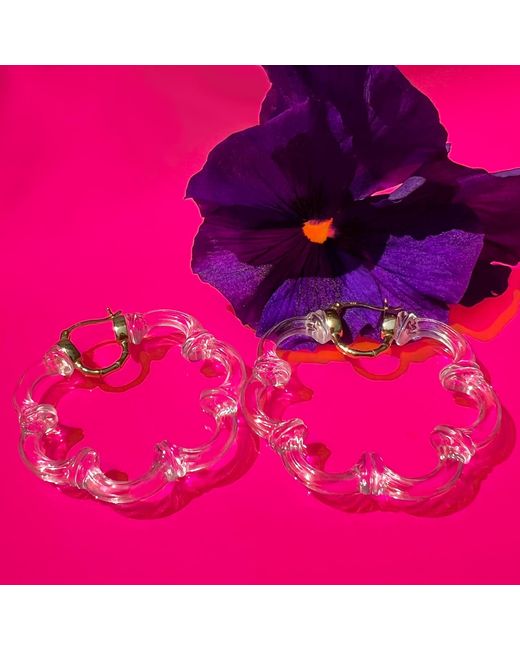 Gold & Honey White Flower Bamboo Lucite Hoop Earrings