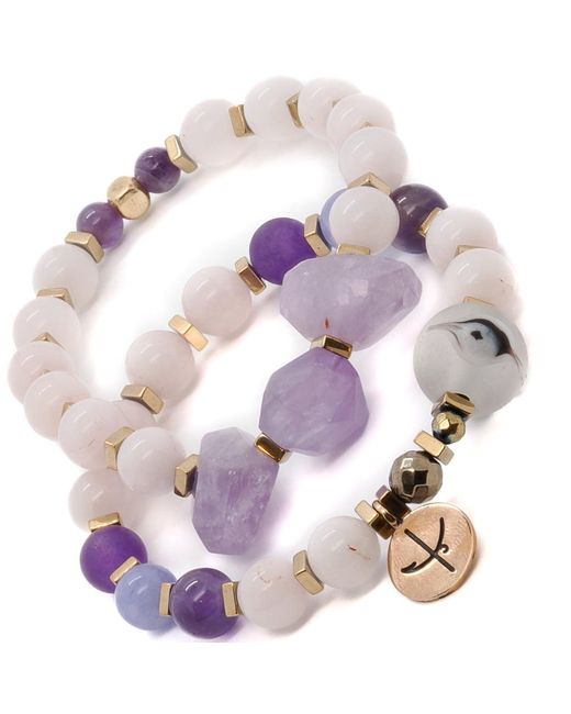 Ebru Jewelry Metallic Amethyst & Quartz Stone Beaded Dream Bracelet Set