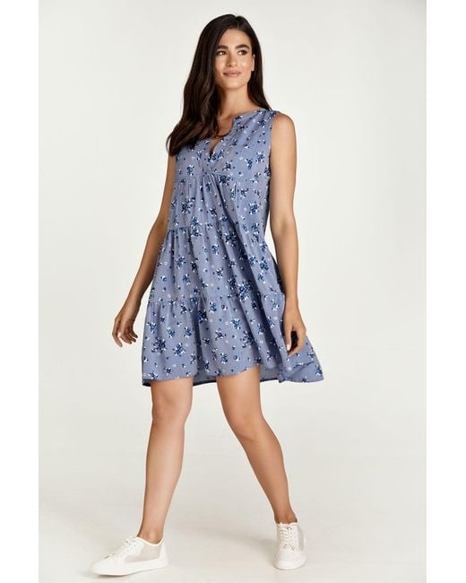 Conquista Blue Sleeveless Floral A Line Dress