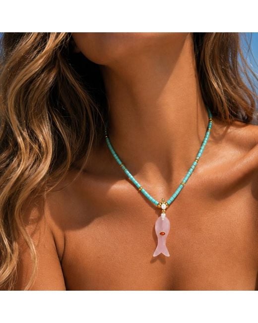 Ormiro Blue Love Fish & Rose Quartz Beaded Necklace