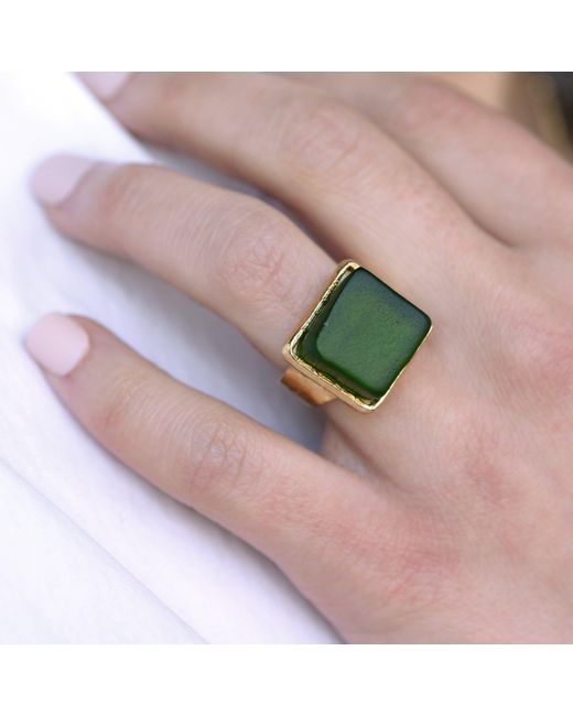 Smart Glass Jewelry Yellow Recycled Wine Bottle Cube Ring Pine