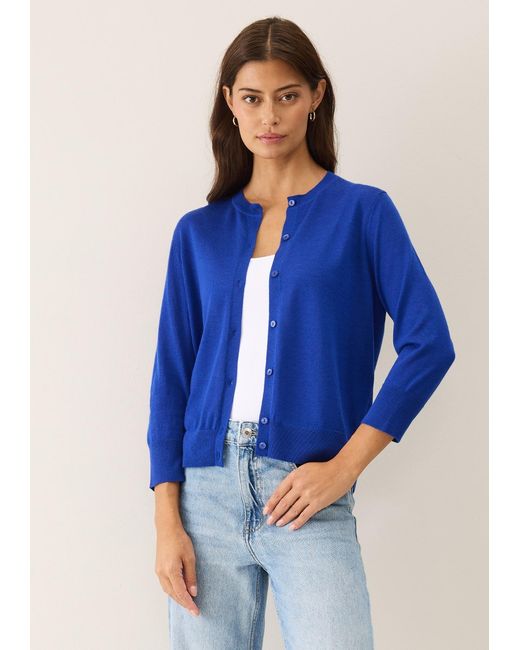 Loop Cashmere Blue Three Quarter Sleeve Crew Neck Cardigan
