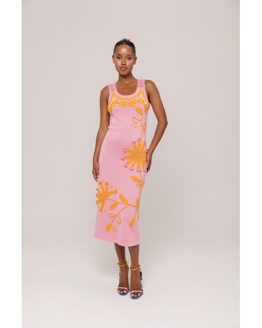 Andreeva White Golden Daisy Knit Dress With Handmade Embroidery