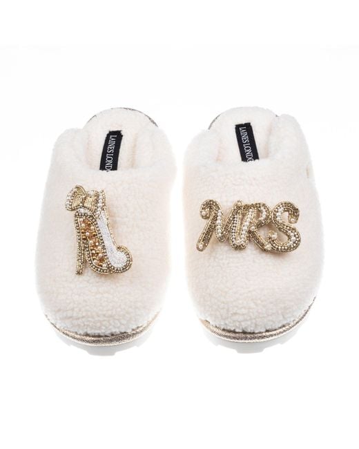 Laines London White Neutrals Teddy Closed Toe Slippers With Mrs & Wedding Heel Brooches