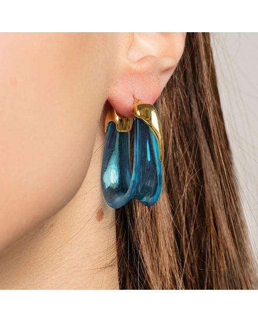 Gold & Honey Blue Topaz Sculpted U Lucite Birthstone Hoop Earrings