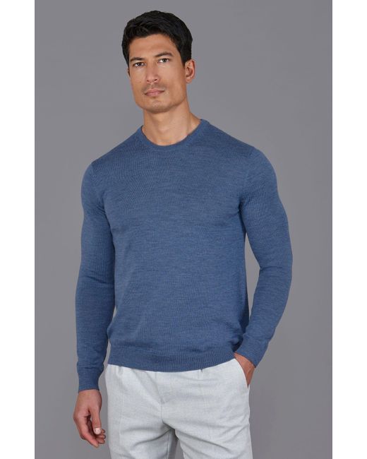Paul James Knitwear Blue Extra Fine Merino Wool Callington Crew Neck Jumper for men