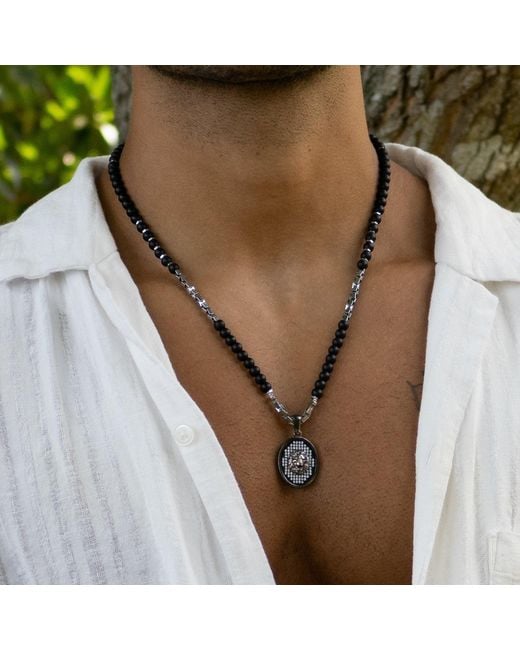 Ebru Jewelry Metallic Onyx Lion Beaded Long Necklace for men