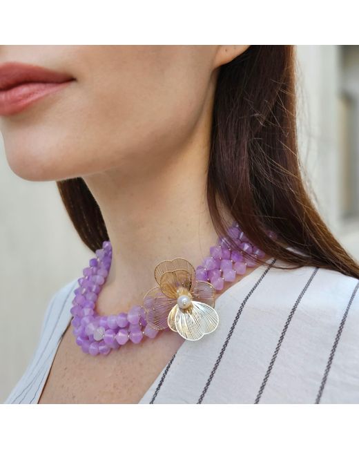 Farra Purple Multi-Layers Jade With Flower Charm Necklace