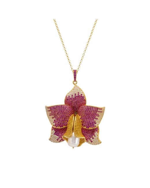 Latelita London Pink Daffodil With Pearl Pendant Necklace Gold Ruby Cz