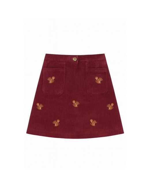 Yumi' Burgundy Corduroy Embroidered Squirrel Mini Skirt