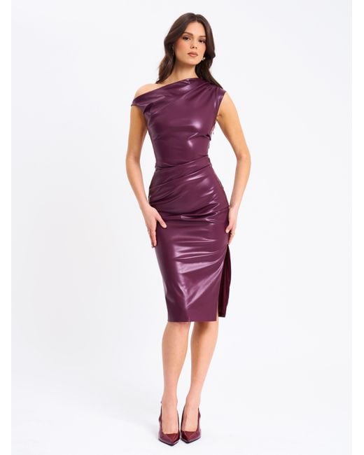 Miss Circle New York Purple Sabina Leather Slash Neck Midi Dress