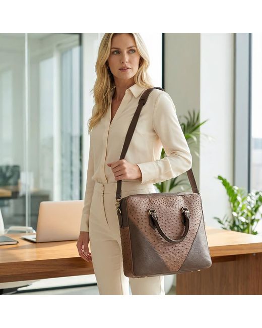 Sibylla Delphica Brown Ostrich Leather Laptop Tote