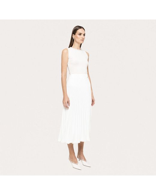 Nissa White Pearl-Trim Pleated Midi Skirt