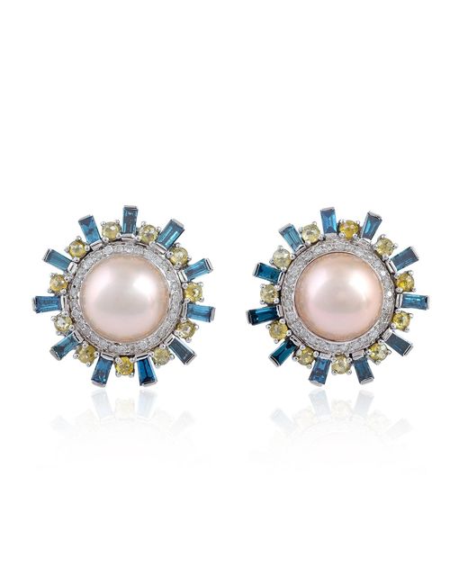 Artisan Blue 18K Pearl, Colored Diamond & Diamond Sunburst Stud Earrings