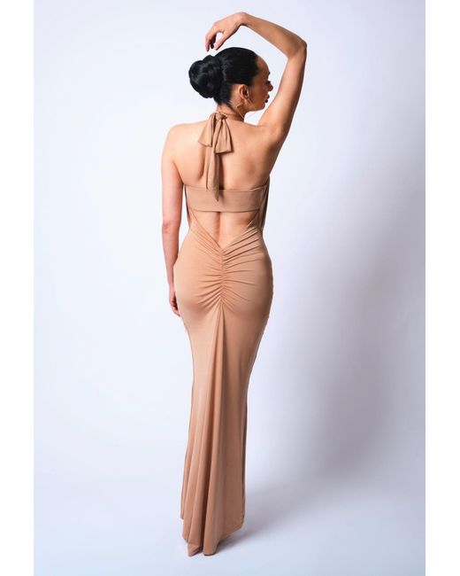 Monice London Natural Selene- Backless & Bra Friendly Halter Maxi Dress