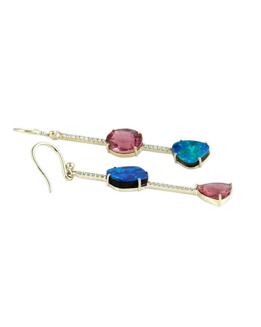 Artisan Blue Tourmaline, Opal & Diamond Drop Earrings