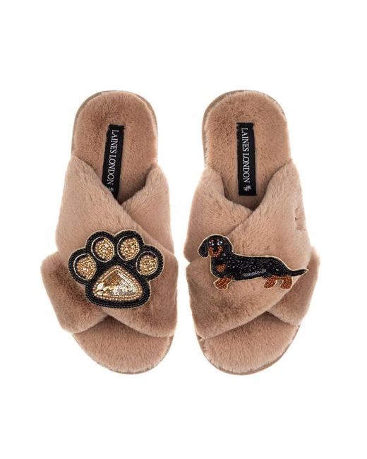 Laines London Brown Neutrals Classic Laines Slippers With Paw & & Tan Dachshund Brooches
