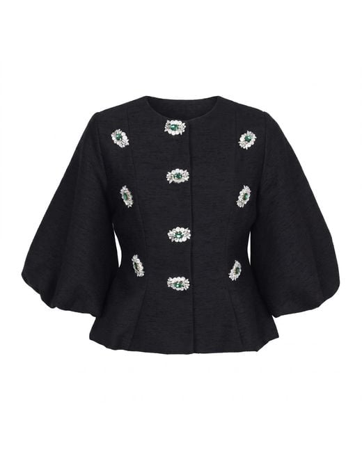 Modenaire Black Embellished Button Jacket With Puff Sleeves And Textured Finish