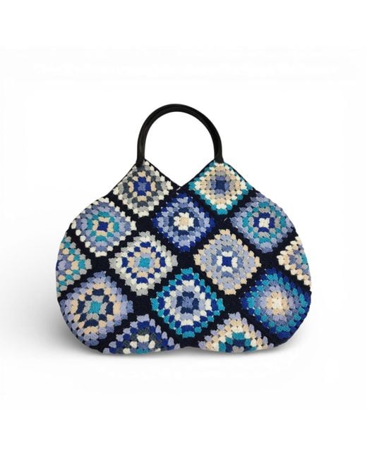 Springmoonatelier Blue Azure Mosaic Atelier Tote – Handcrafted Luxury Granny Square Bag