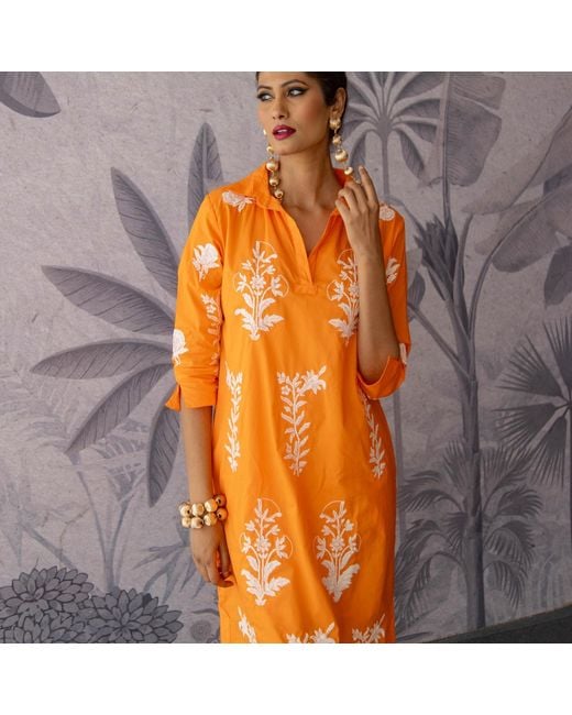 NoLoGo-chic Orange Long Tourist Dress Satsuma With Embroidery