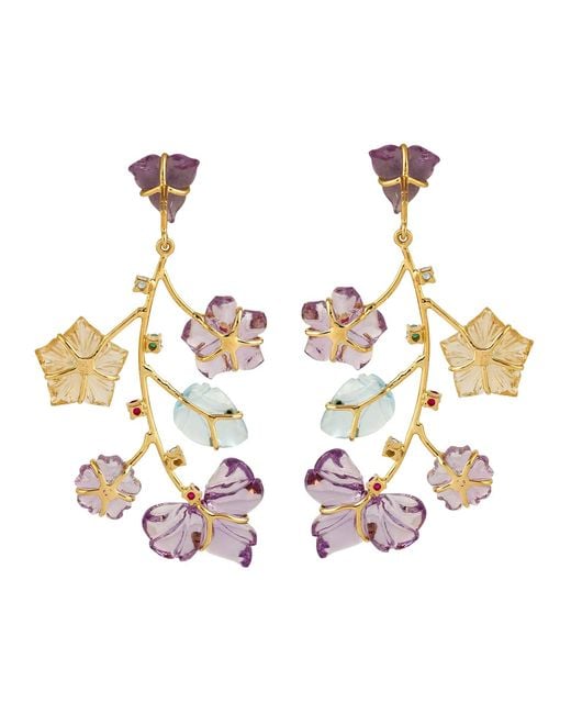 Artisan Pink 18K Multi Gemstone Carved Floral Drop Earrings