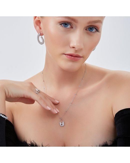 Spero London Metallic Lock Pendant Necklace With Beaded Chain Sterling