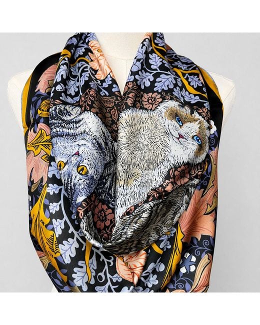 Wenzi Blue Whiskered Court Hand Painted Double Sided Silk Twill Scarf