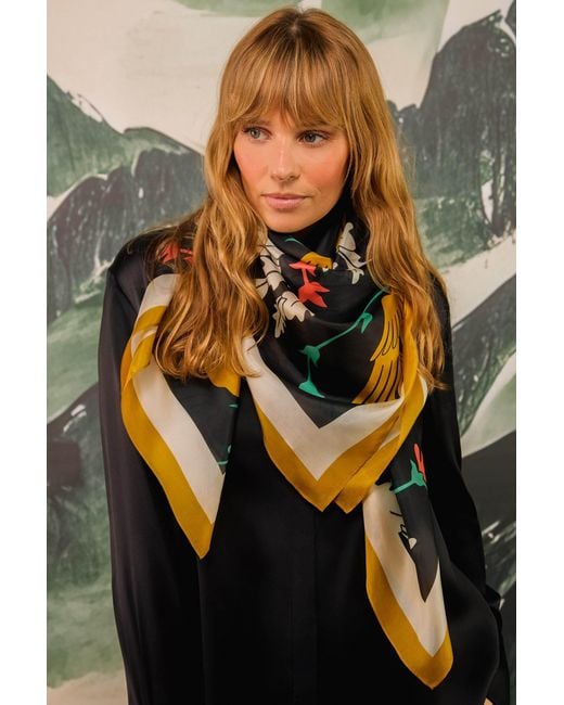Artemis Muse Black Regal Doves & Lions & Colourful Luxury Silk Scarf