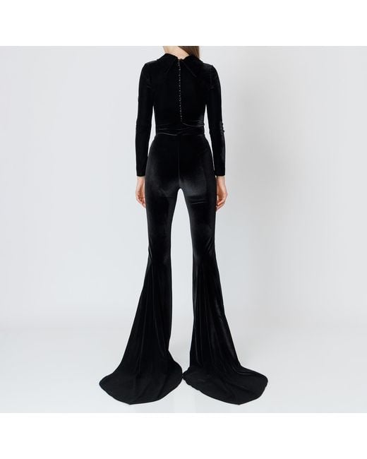 LIA ARAM Black Velvet Bodysuit With Pearl Buttons