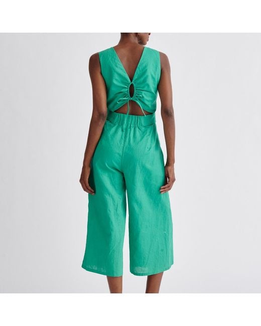 Paisie Green Belted Linen Blend Jumpsuit