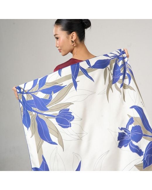 Silk and Bears Blue Botanical Silk Twill Scarf – Hand-Rolled Edges, Ivory