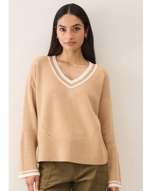 Loop Cashmere Natural Neutrals Striped Tipped V Neck Lofty Sweater