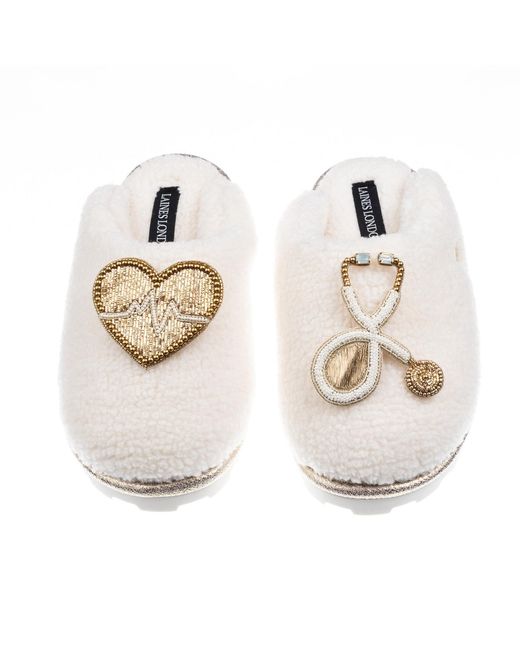 Laines London Metallic Neutrals Teddy Closed Toe Slippers With Doctor Brooches