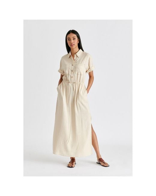 Paisie Natural Neutrals Linen Blend Shirt Dress With Stitch Details
