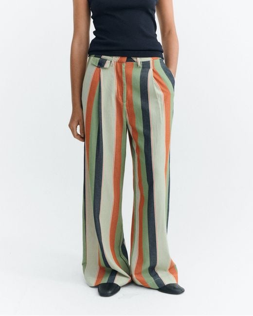 Thinking Mu White Wide Leg Low Rise Pants With Multicolored Stripes Pat