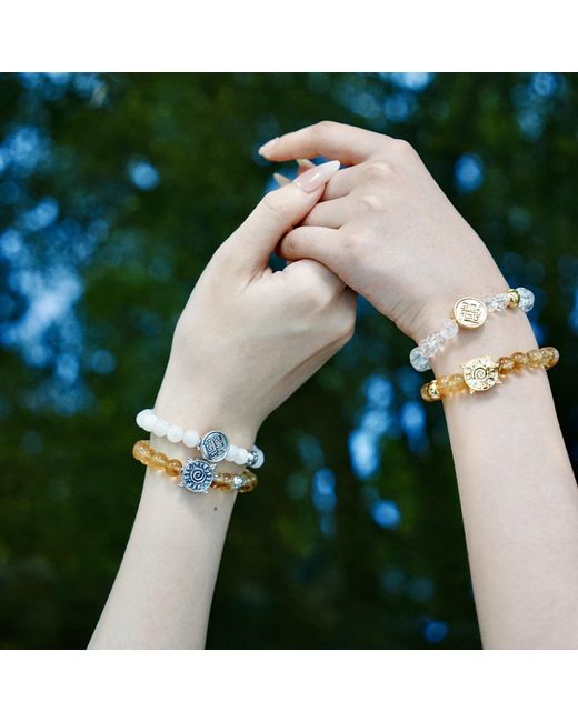 Aurozia Metallic Three Charms Solar Meridian Whitegold Plated Sundial And The Sun Crystal Citrine Beaded Bracelet