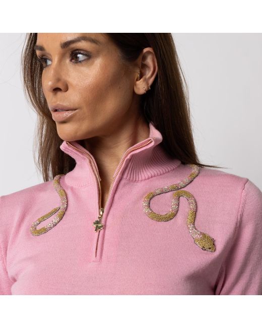 Laines London Laines Couture Quarter Zip Jumper With Embellished Pink & Gold Wrap Snake